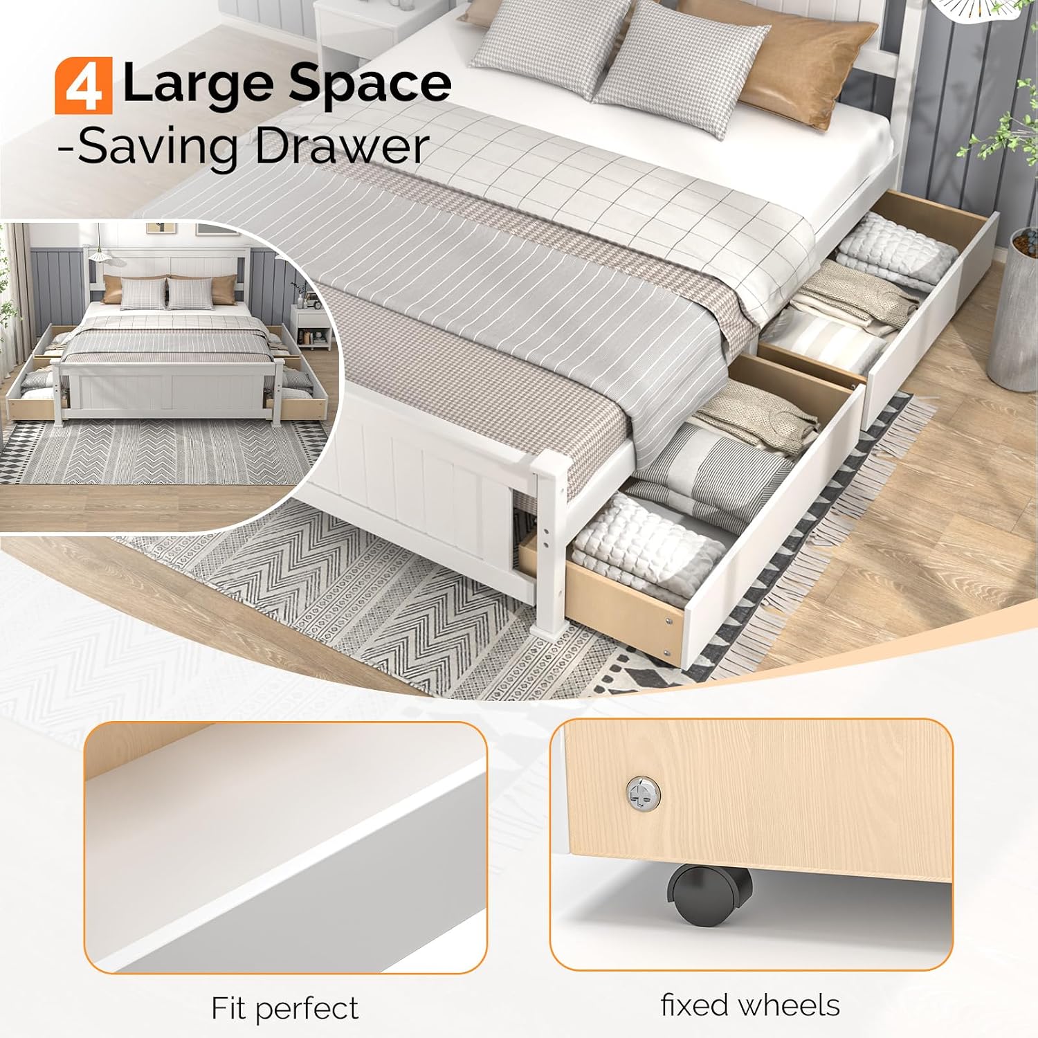 Queen Solid Wood Bed with 4 Drawers