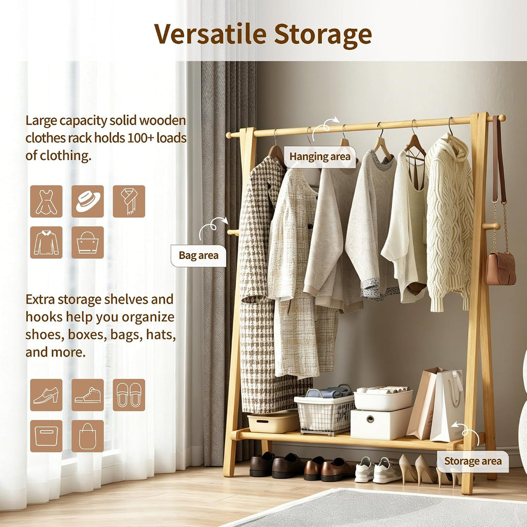 Solid Wood Garment Rack with Shelves, Natural