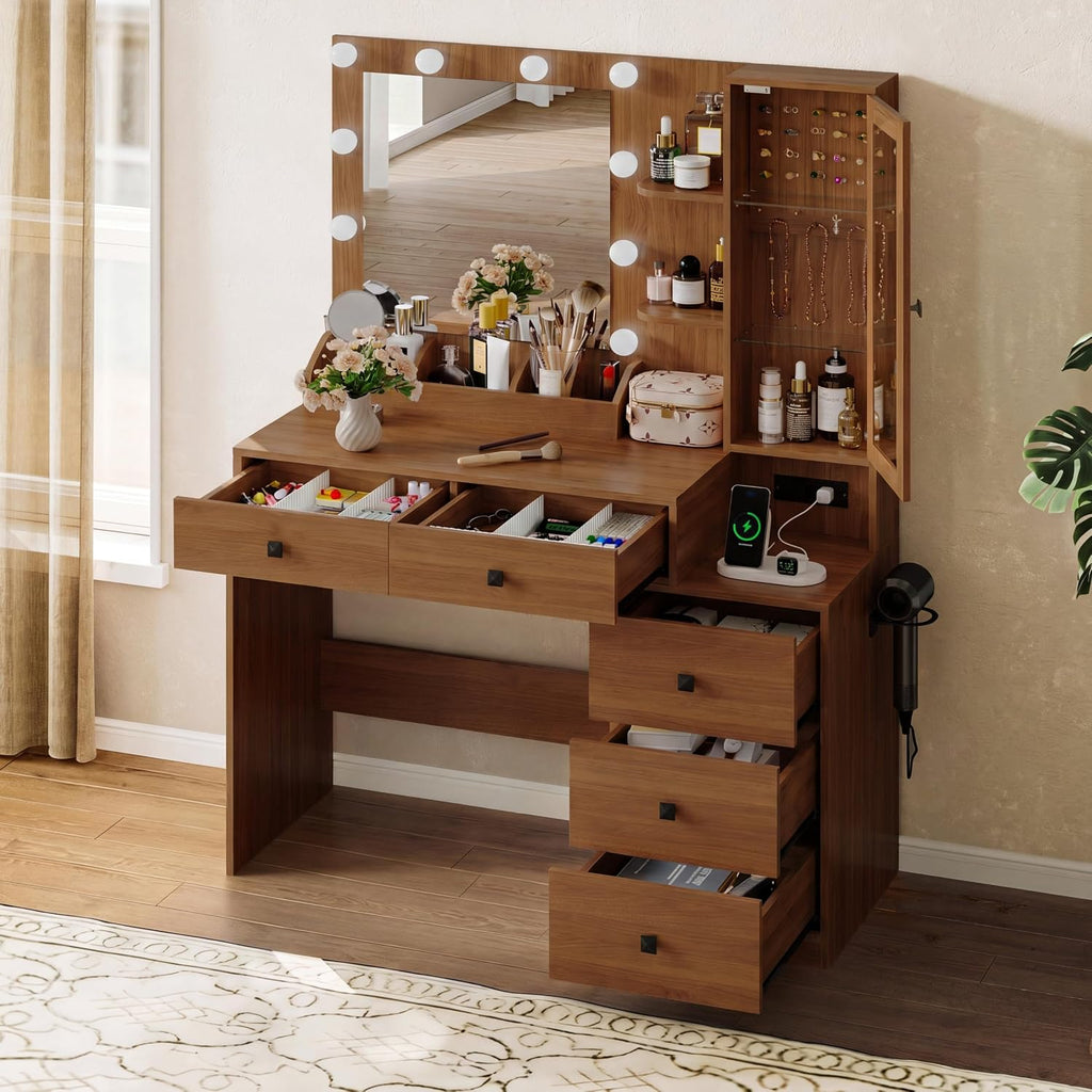 Walnut LED Vanity Desk with 5 Drawers