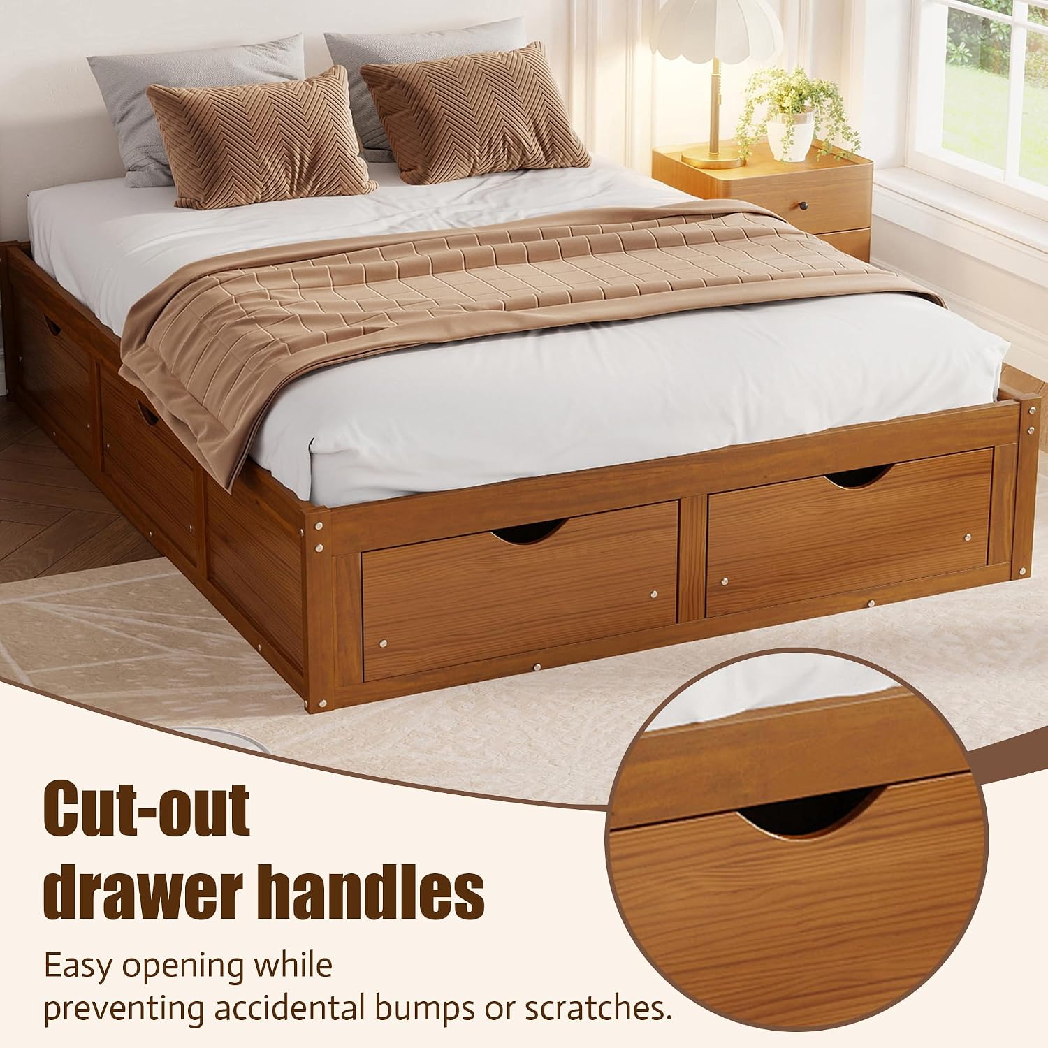 Walnut Queen Bed with 6 Storage Drawers