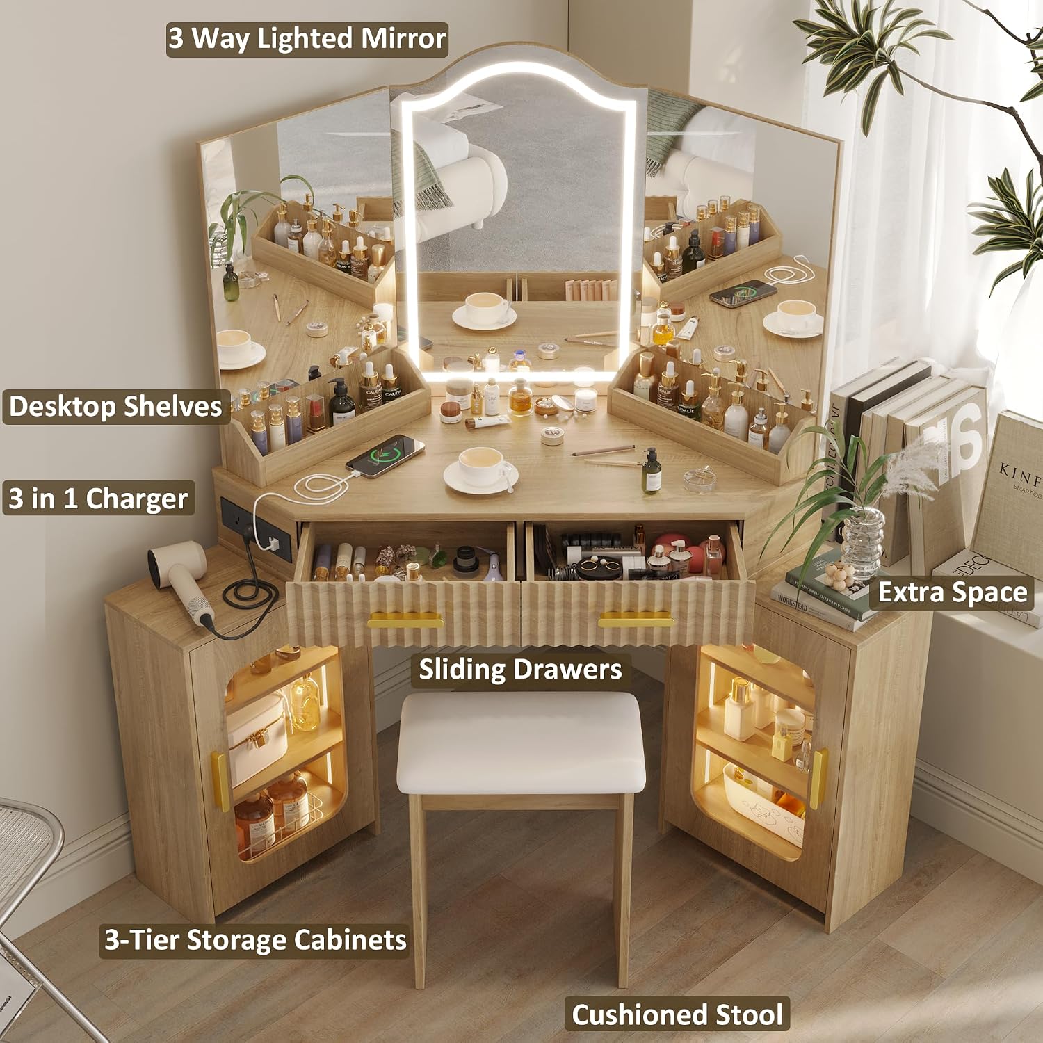LED Vanity Set with 3-Way Mirror & Storage