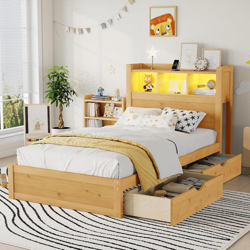 Natural Twin Bed with Storage Headboard & Drawers