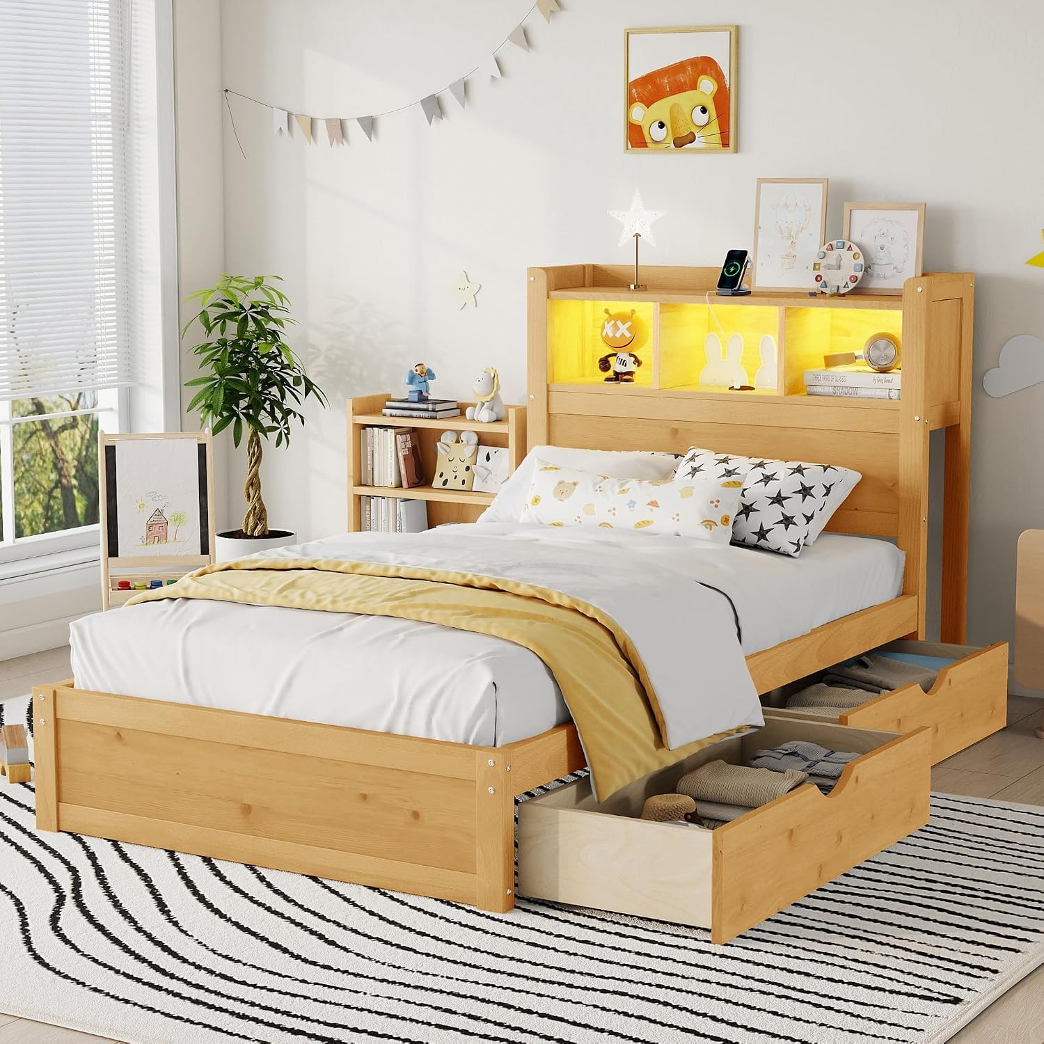 Natural Twin Bed with Storage Headboard & Drawers