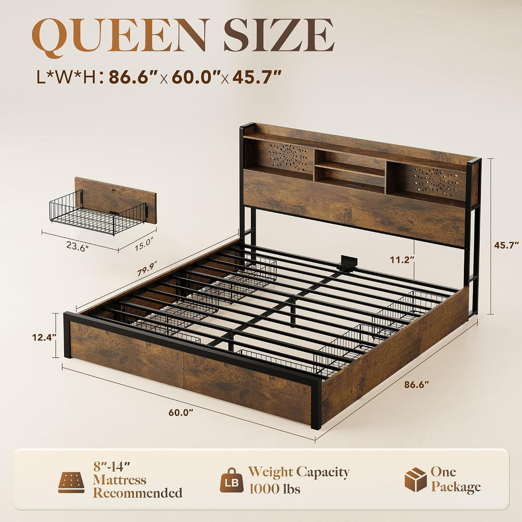 Queen Bed with 6 Drawers & Carving Headboard