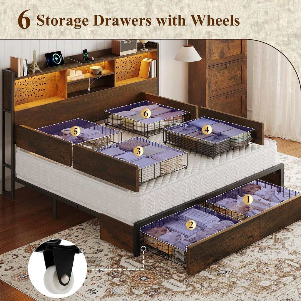 Queen Bed with 6 Drawers & Carving Headboard