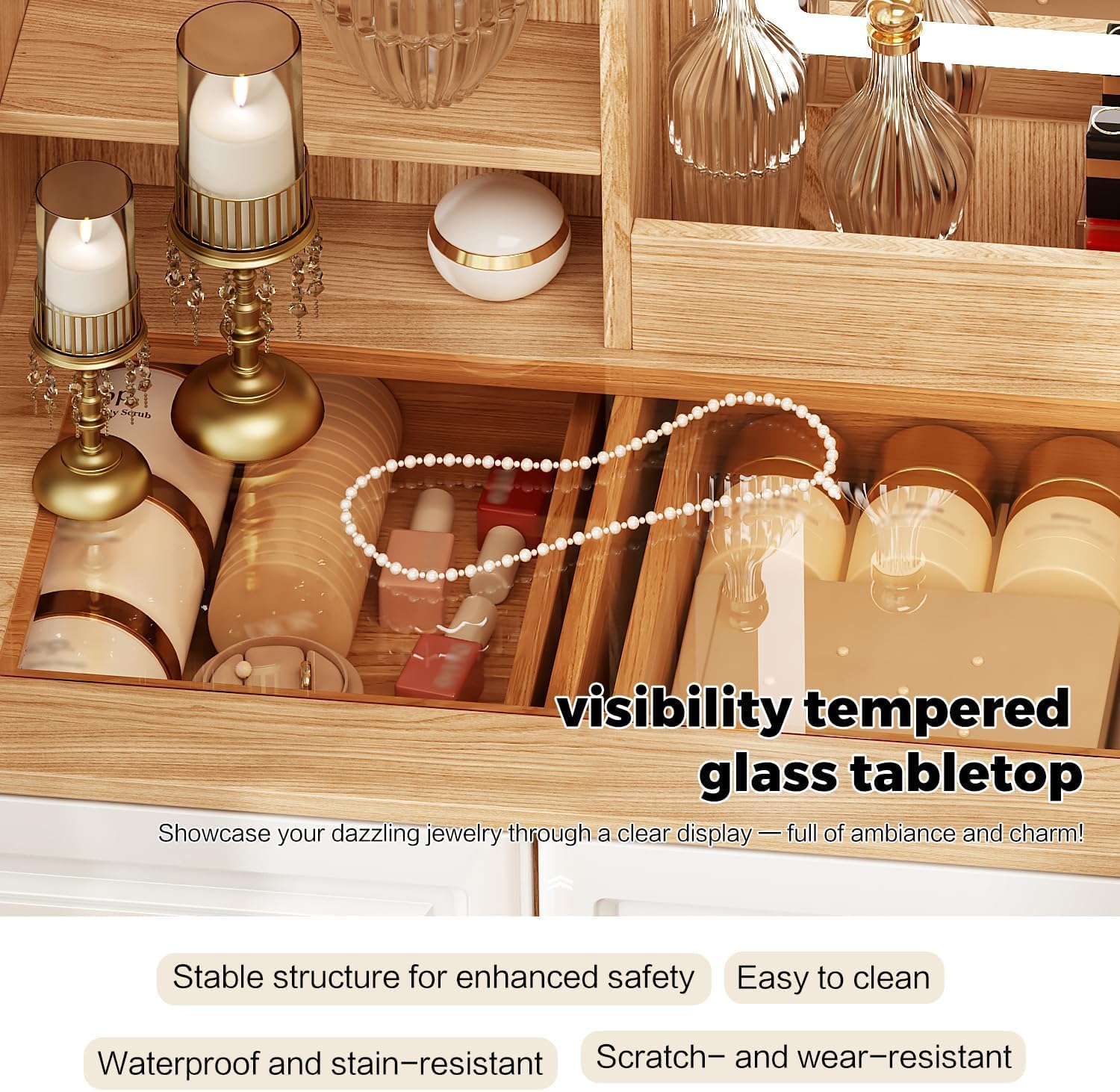 43" Oak Glass Top LED Vanity Set