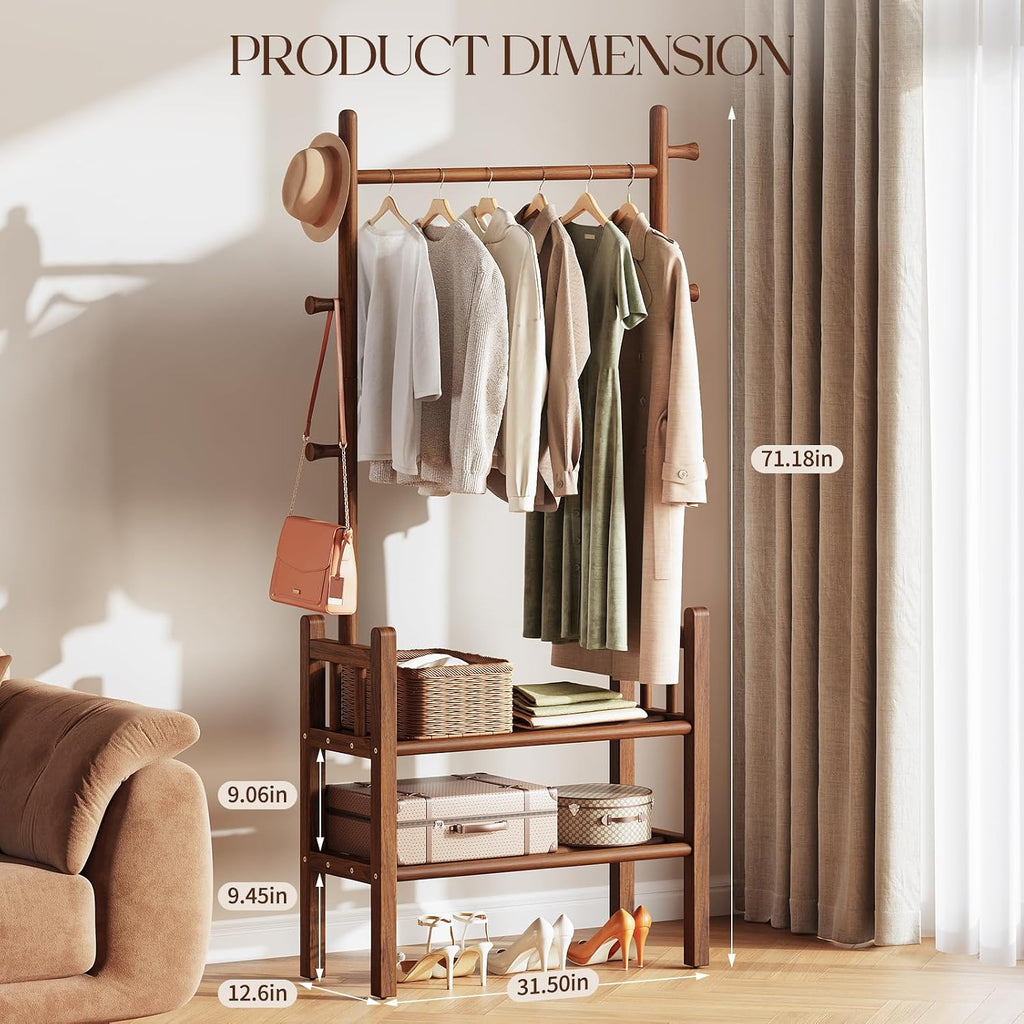Solid Wood Garment Rack with Shelves & Hooks