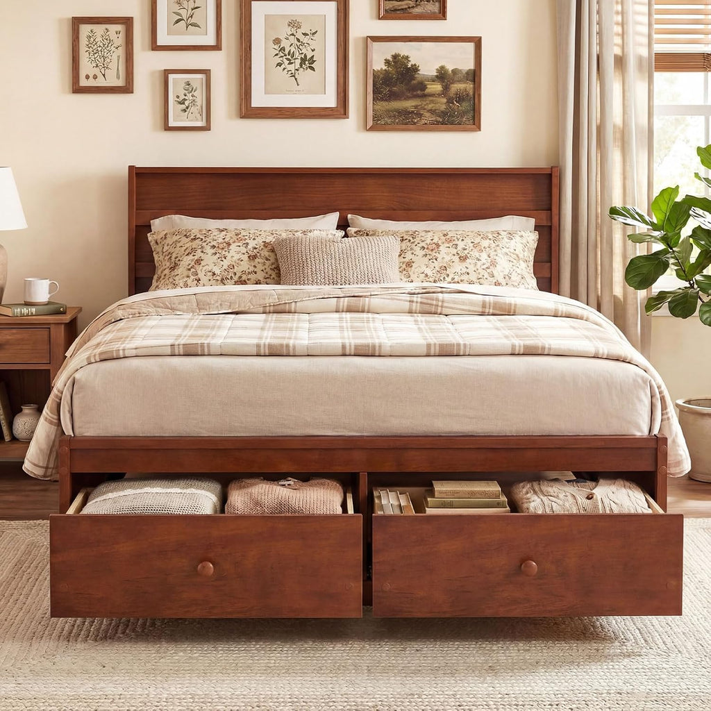 Walnut Full Bed with Storage Drawers