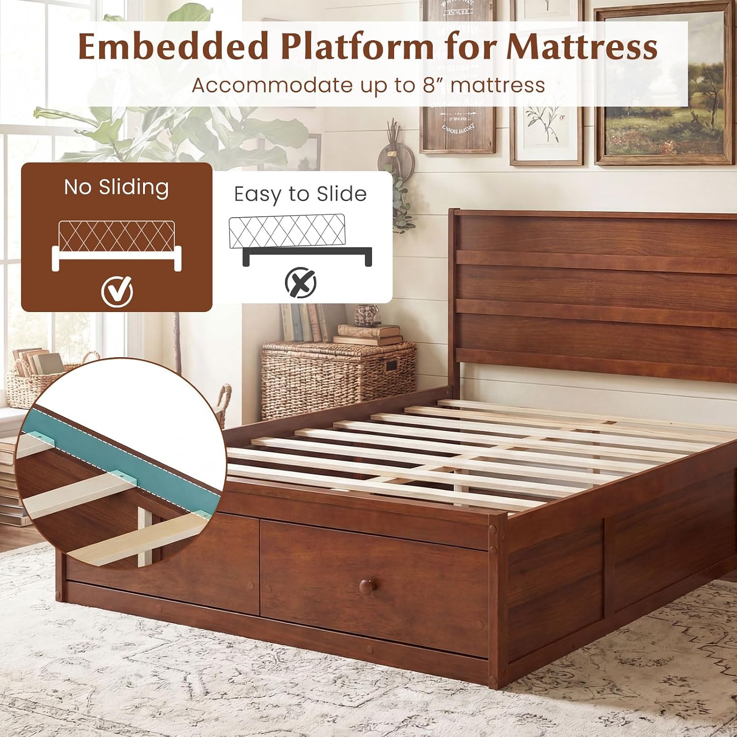 Walnut Full Bed with Storage Drawers