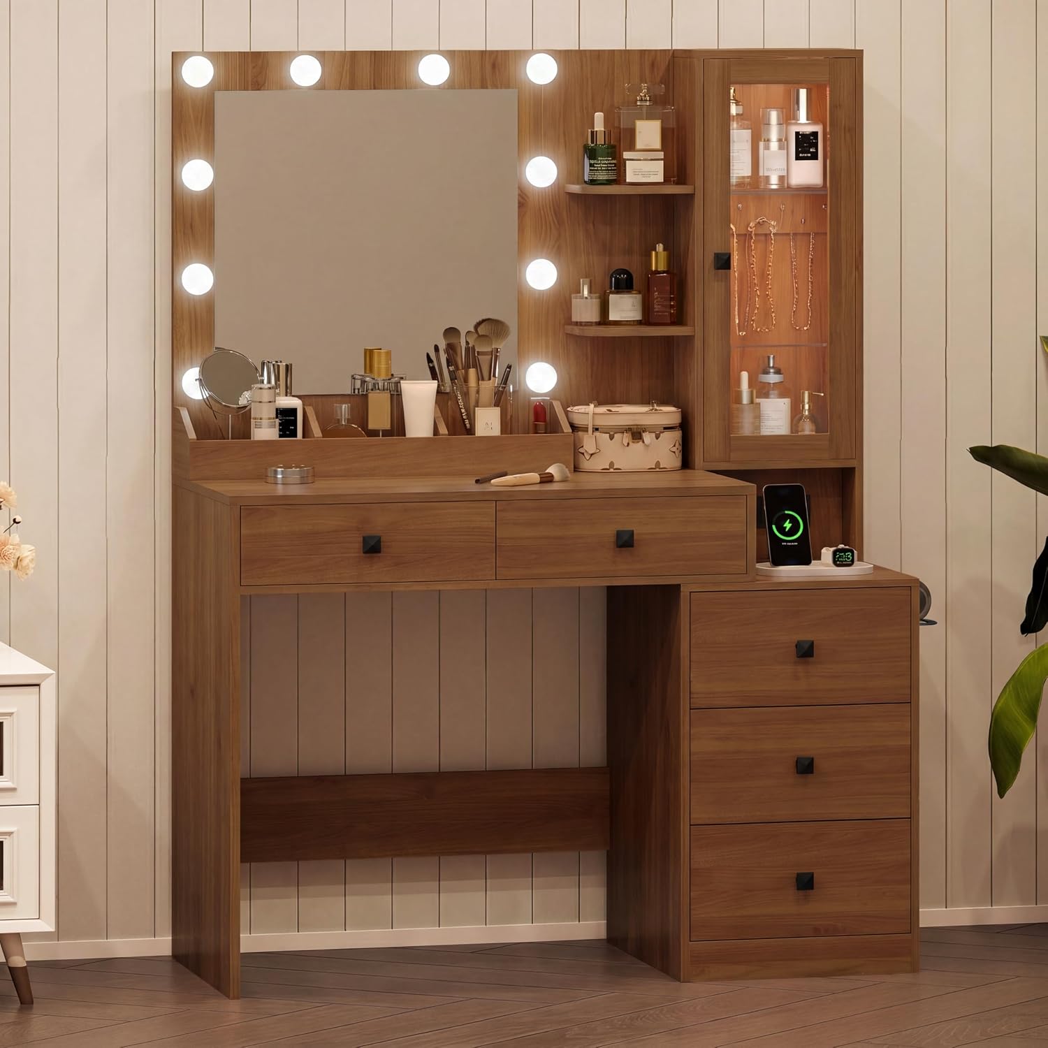 Walnut LED Vanity Desk with 5 Drawers