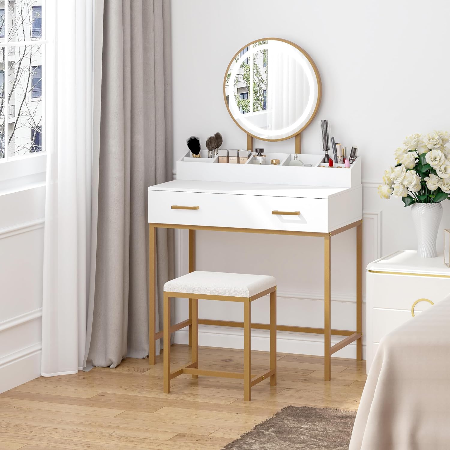 White & Gold LED Vanity Desk Set