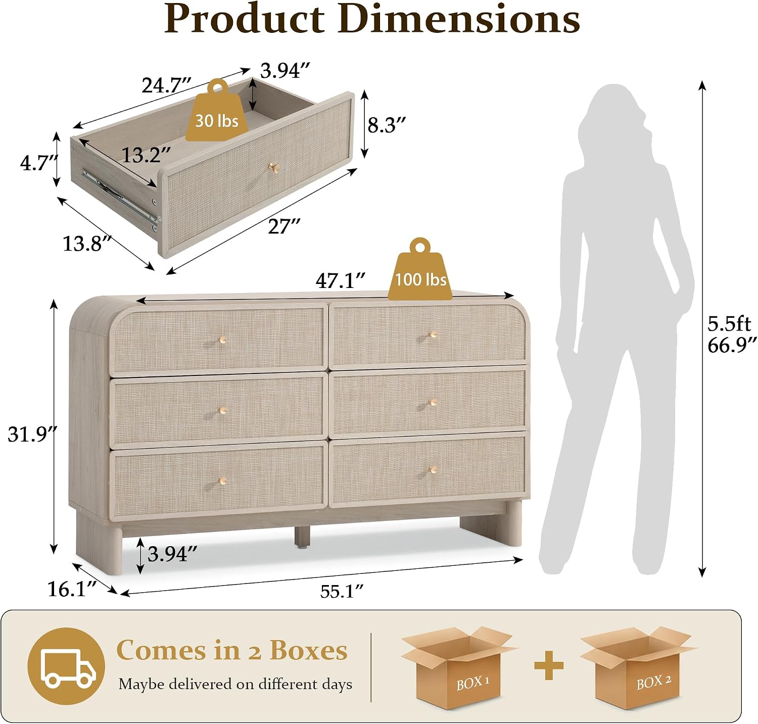55" Wide 6-Drawer Rattan Dresser