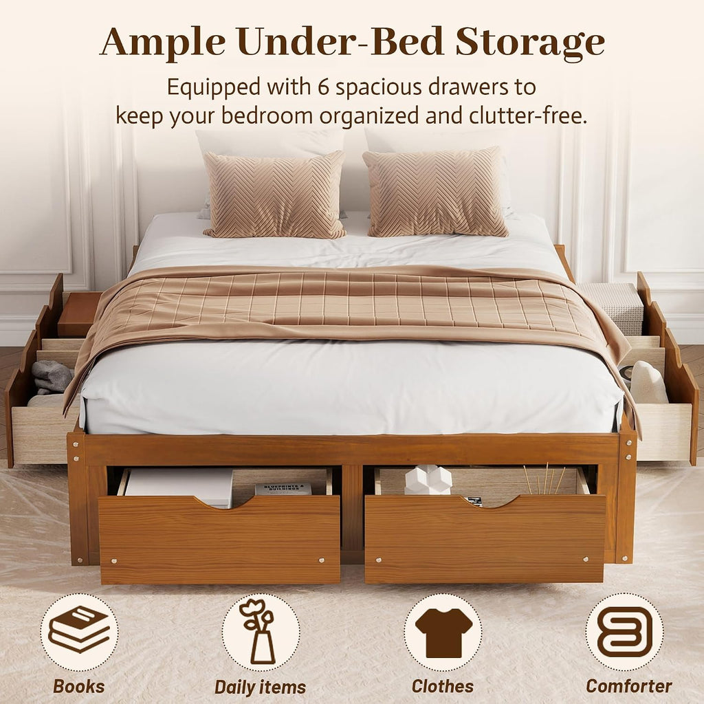 Walnut Queen Bed with 6 Storage Drawers