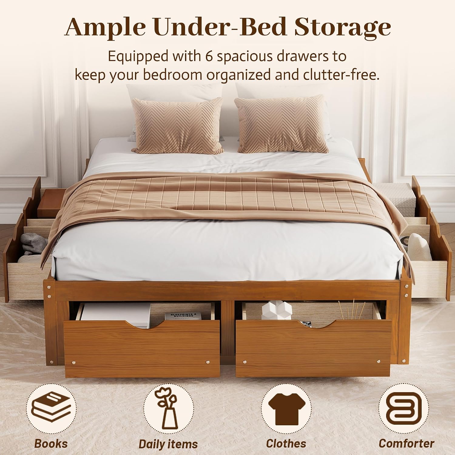 Walnut Queen Bed with 6 Storage Drawers