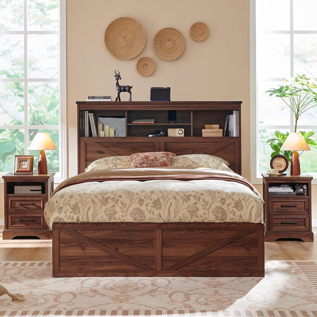 Brown Full Bed with LED Storage Headboard & 4 Drawers