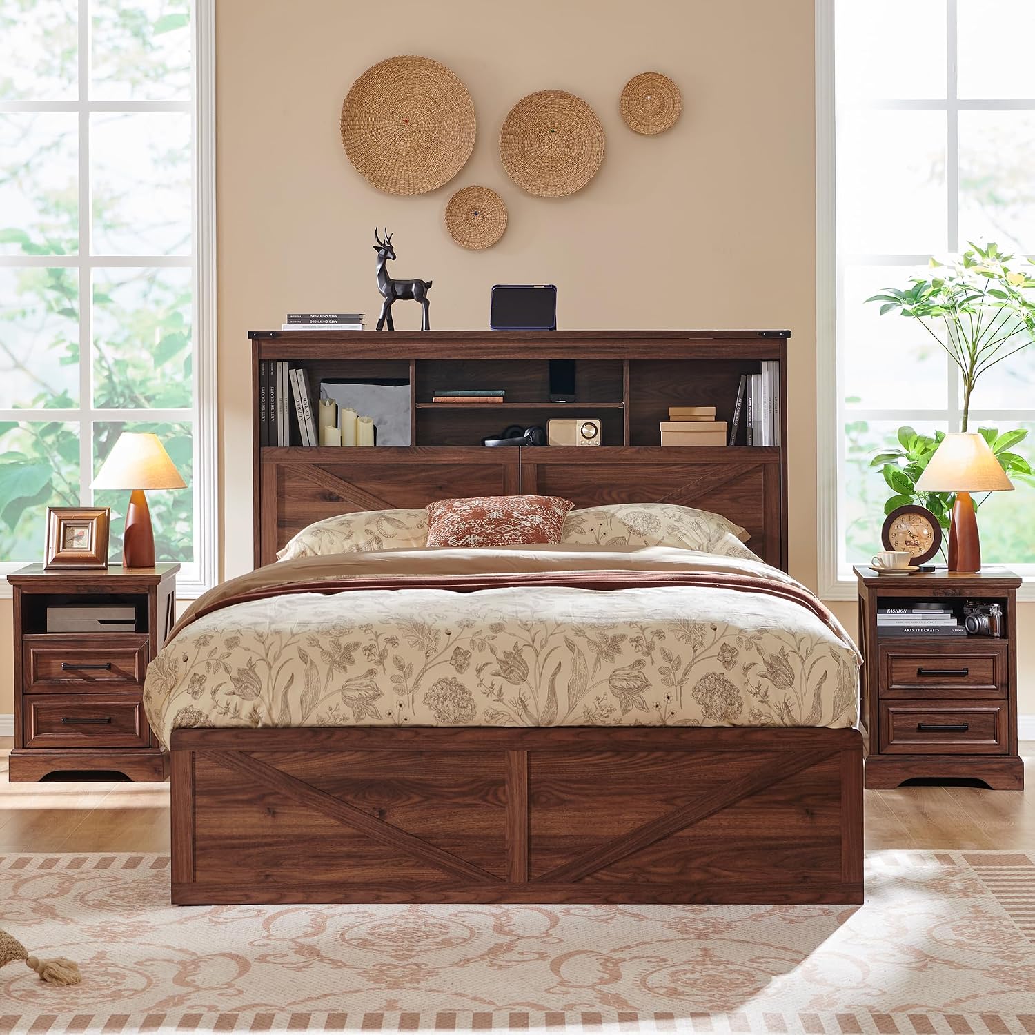 Brown Full Bed with LED Storage Headboard & 4 Drawers