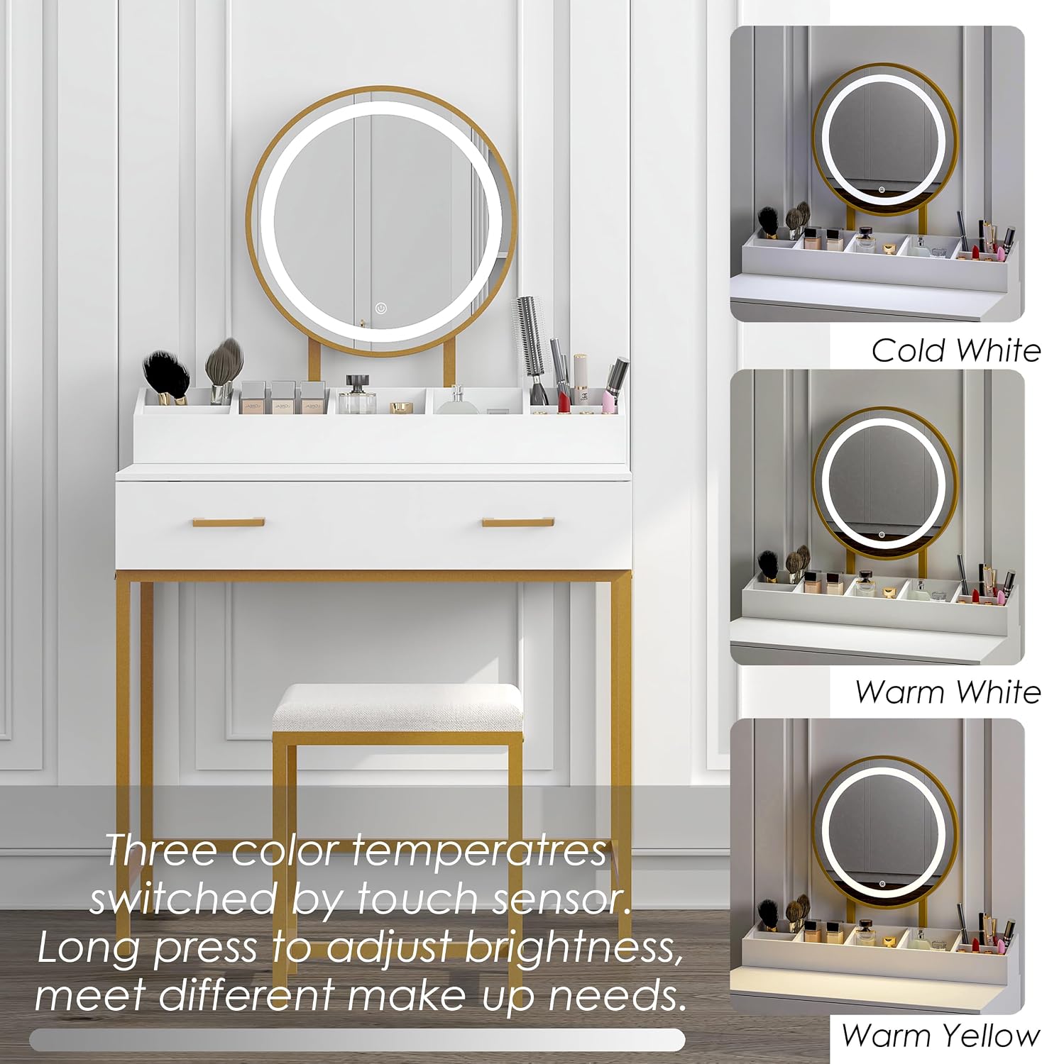 White & Gold LED Vanity Desk Set