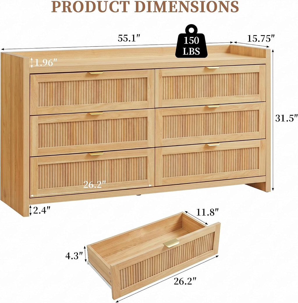 55" Farmhouse Fluted 6 Drawer Dresser