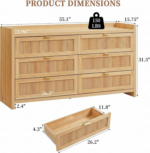 55" Farmhouse Fluted 6 Drawer Dresser