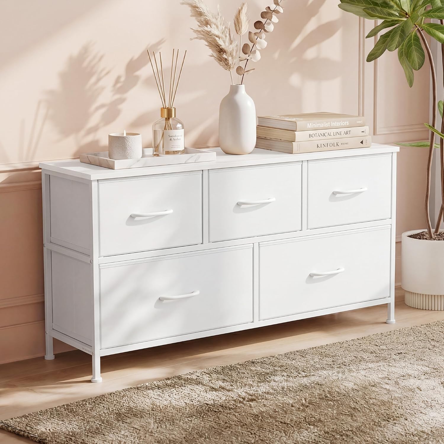 5-Drawer Fabric Dresser, White