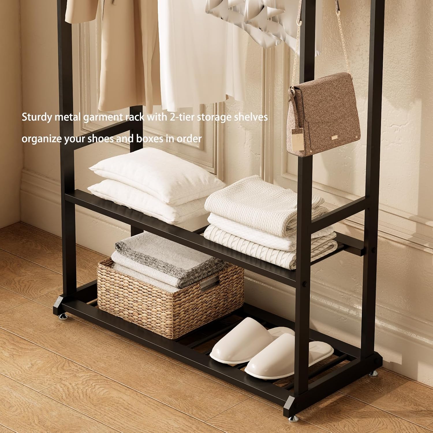turdy Black Metal Garment Rack with Shelves & Hooks