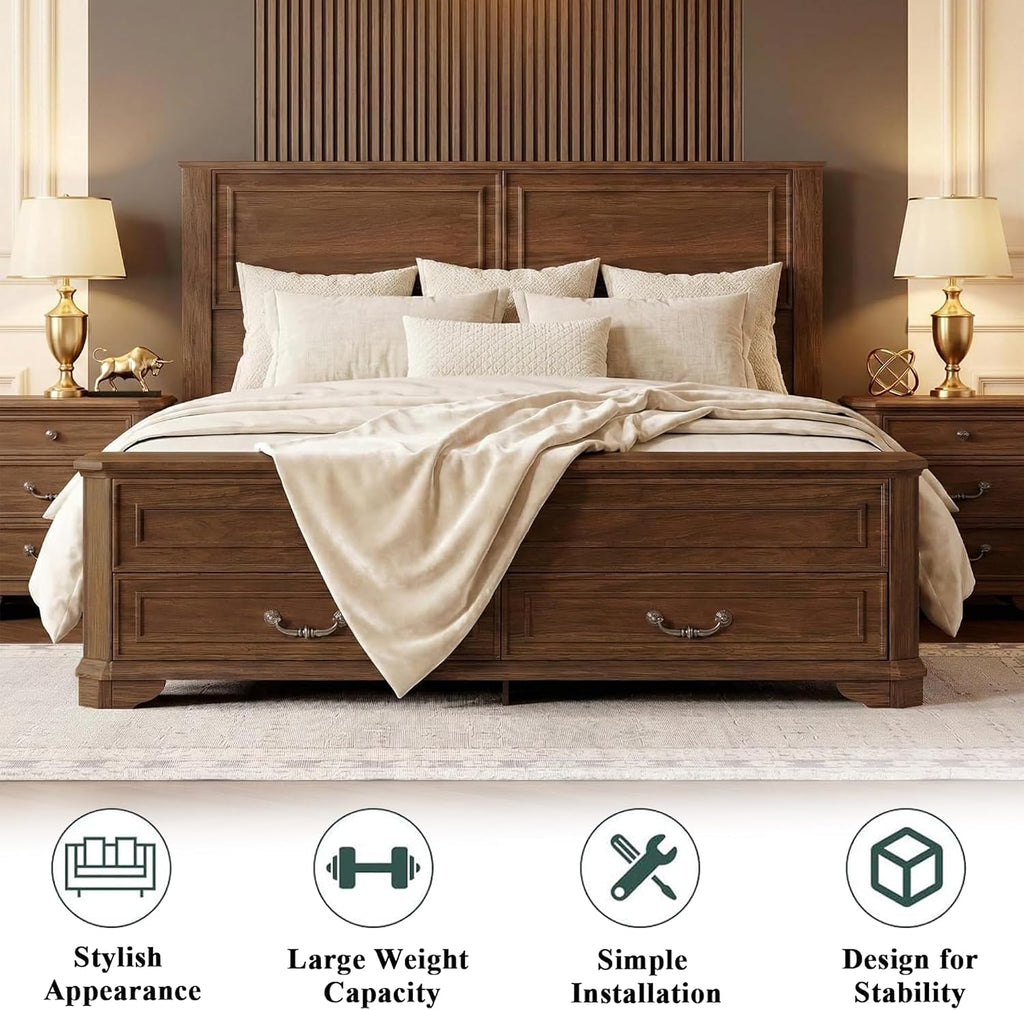 Farmhouse Walnut Queen Bed with Storage Drawers