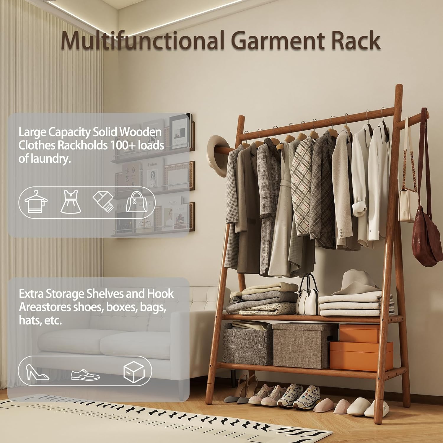 Solid Wood Garment Rack with 2 Shelves & Hooks, Walnut
