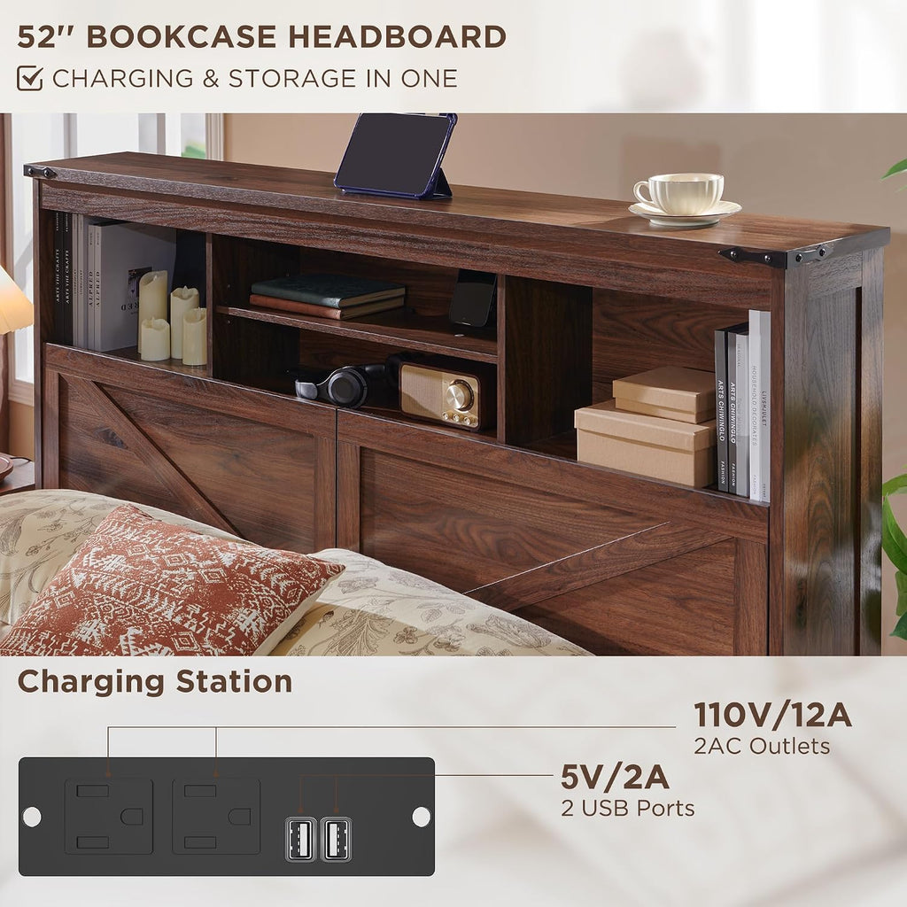 Brown Full Bed with LED Storage Headboard & 4 Drawers