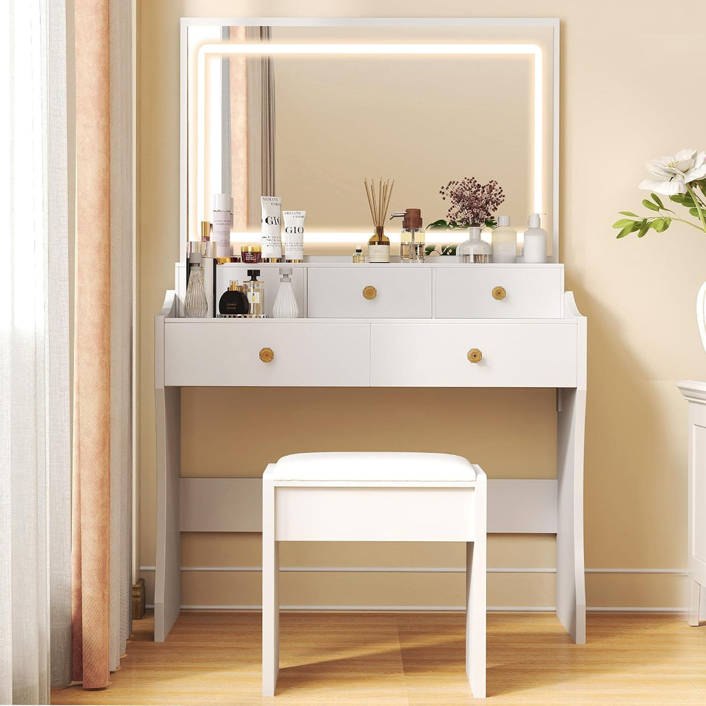 Pearl White LED Vanity Set with 5 Drawers