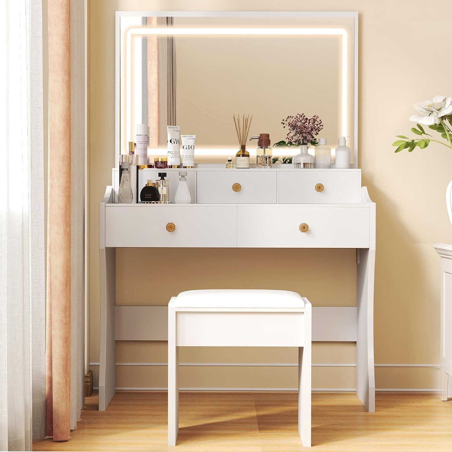 Pearl White LED Vanity Set with 5 Drawers
