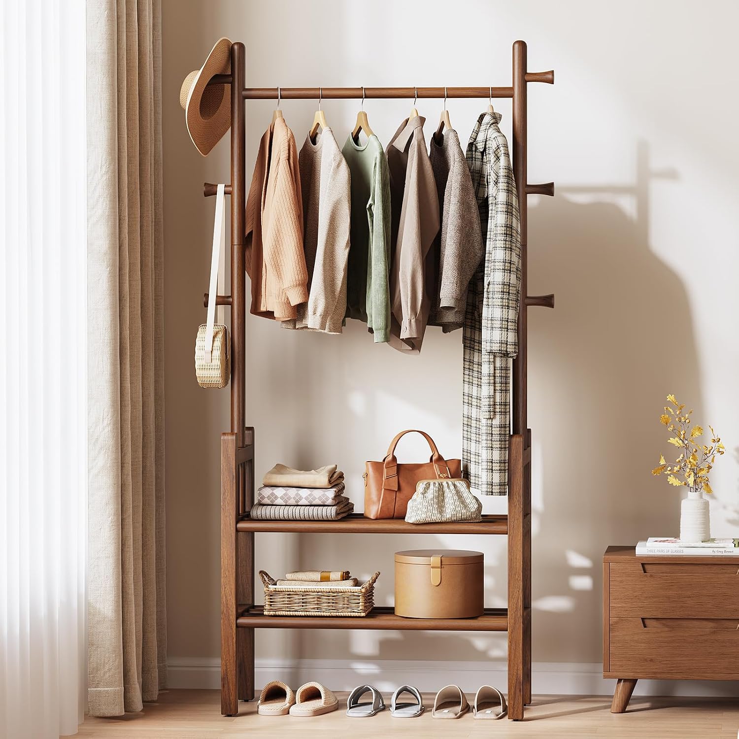 Solid Wood Garment Rack with Shelves & Hooks