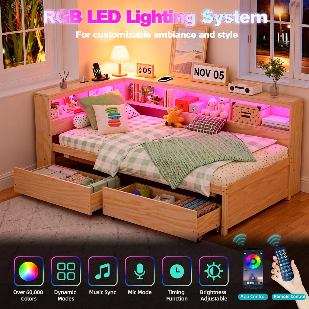 Natural Wood Corner Daybed with Storage & LED