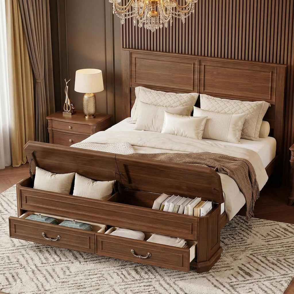 Farmhouse Walnut Queen Bed with Storage Drawers