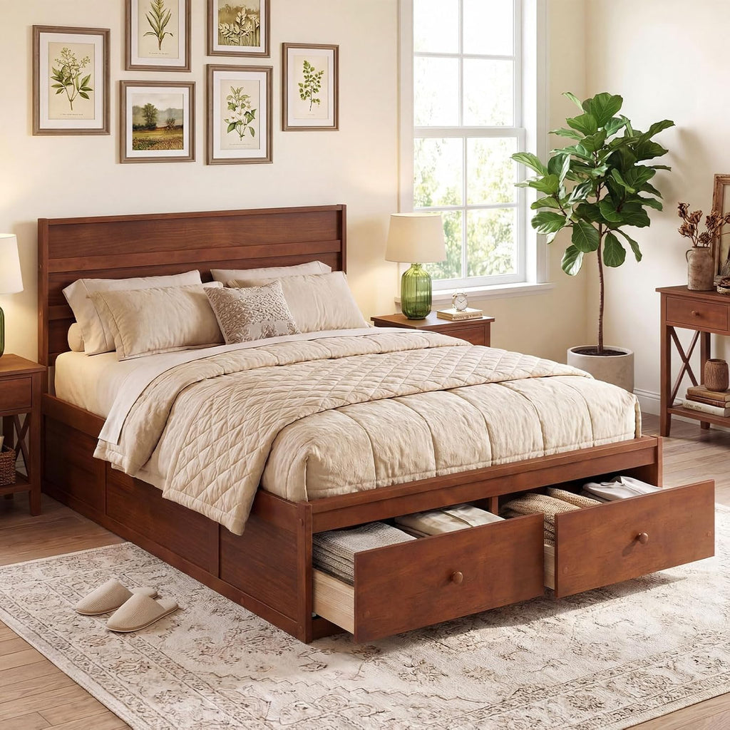 Walnut Full Bed with Storage Drawers