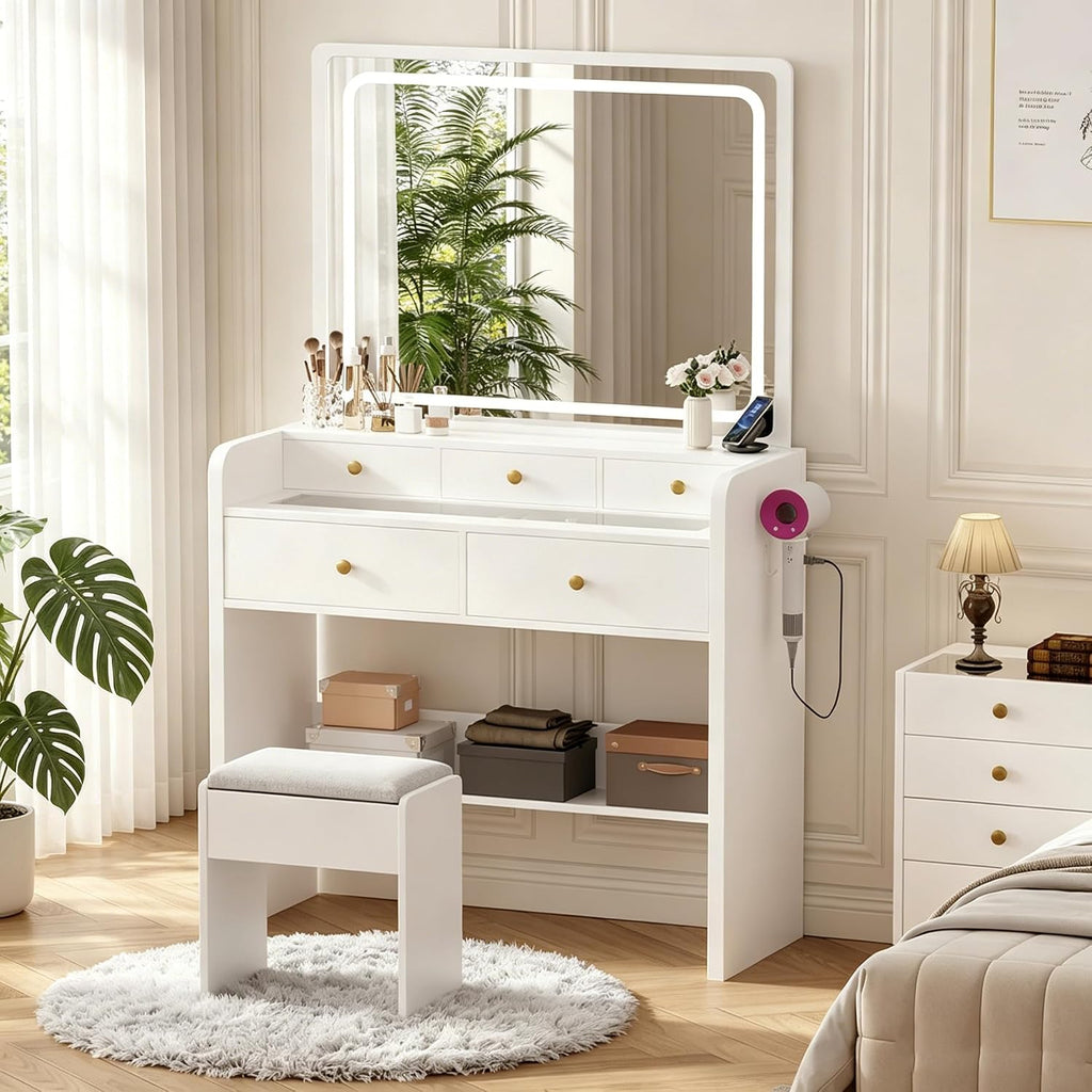 White Glass Top LED Vanity Set with 5 Drawers