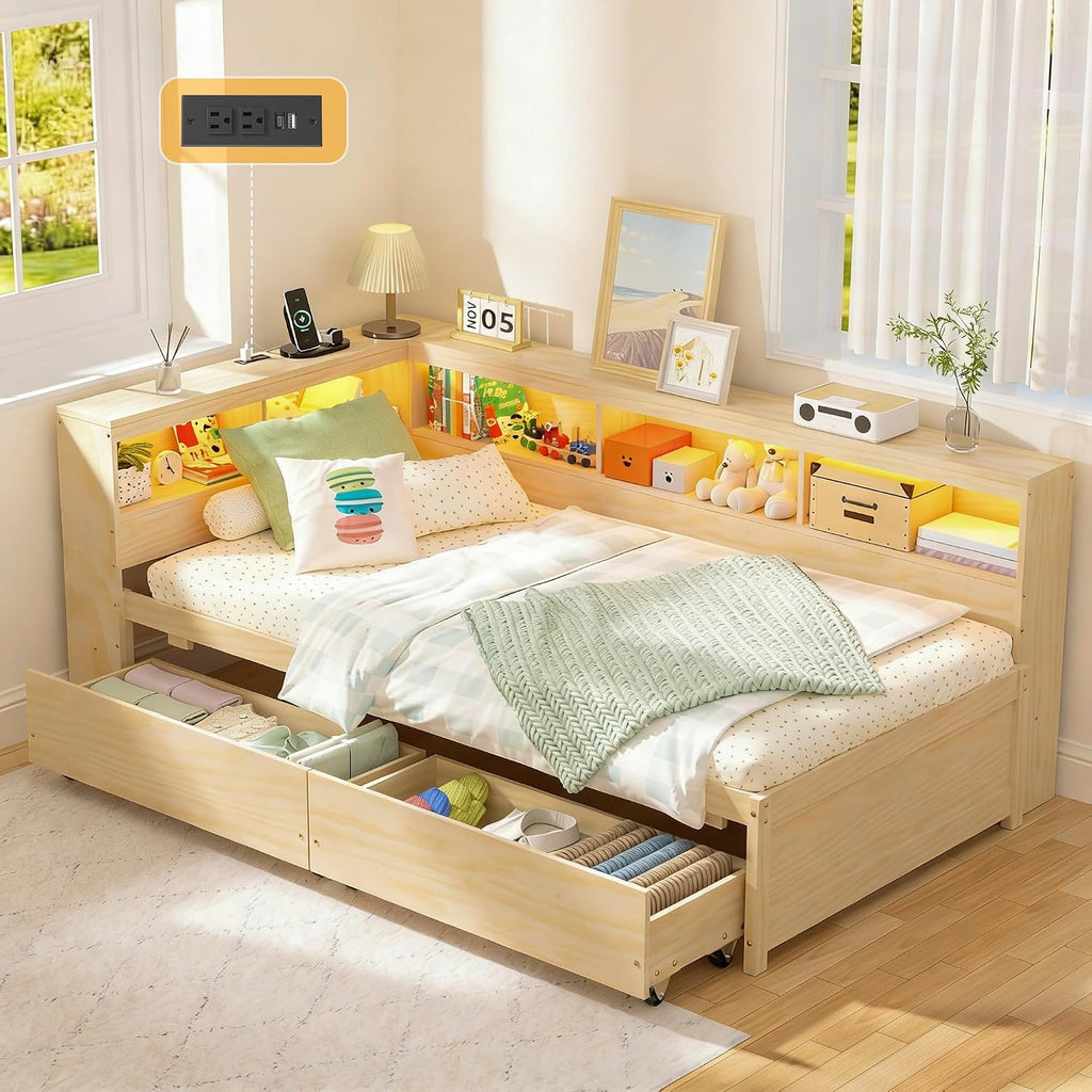 Natural Wood Corner Daybed with Storage & LED