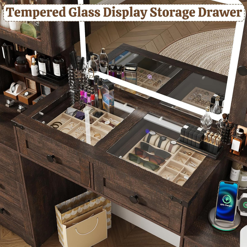 60" Farmhouse LED Glass Vanity, Rustic Brown