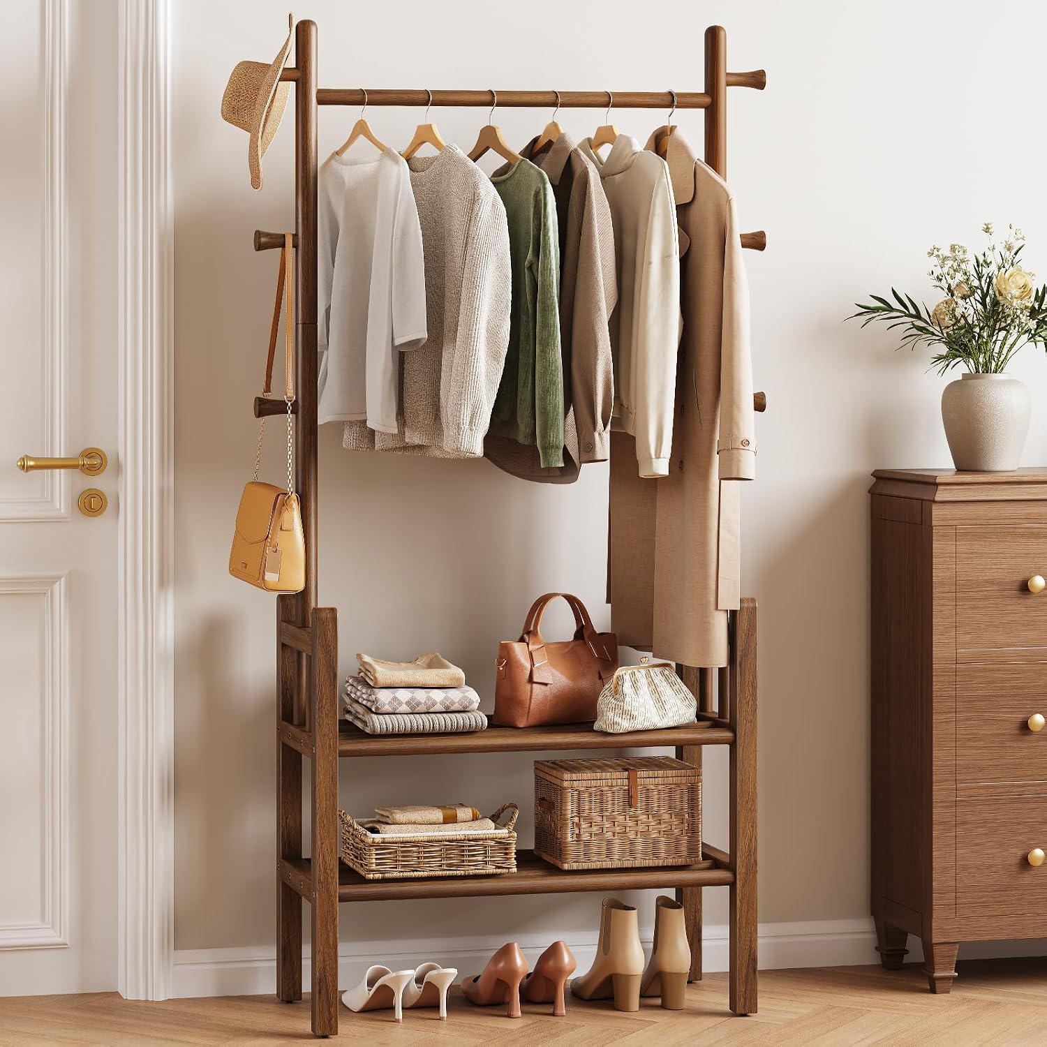Solid Wood Garment Rack with Shelves & Hooks