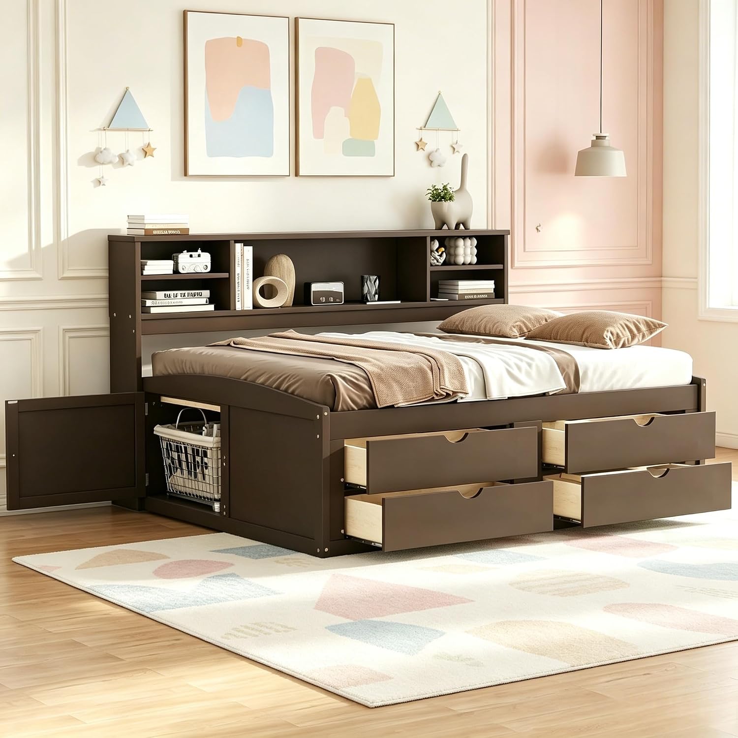 Antique Brown Full Solid Wood Daybed with Drawers