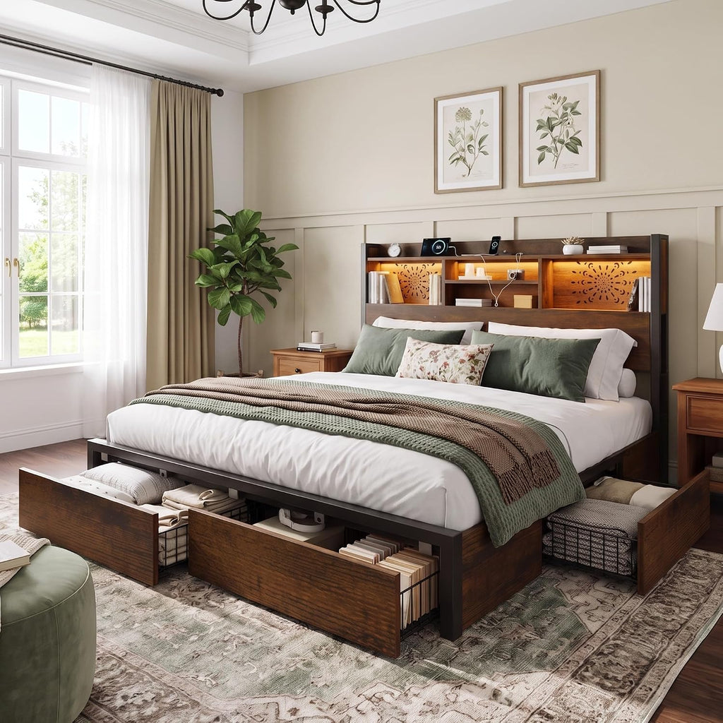 Queen Bed with 6 Drawers & Carving Headboard