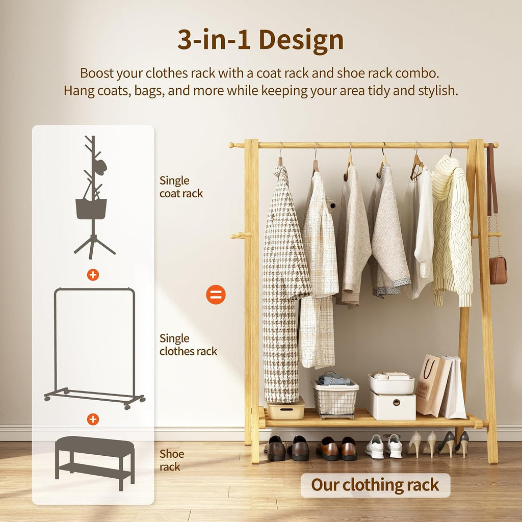 Solid Wood Garment Rack with Shelves, Natural