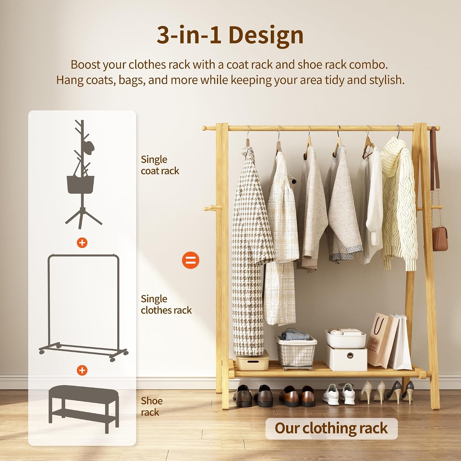 Solid Wood Garment Rack with Shelves, Natural