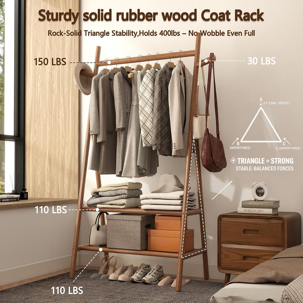 Solid Wood Garment Rack with 2 Shelves & Hooks, Walnut