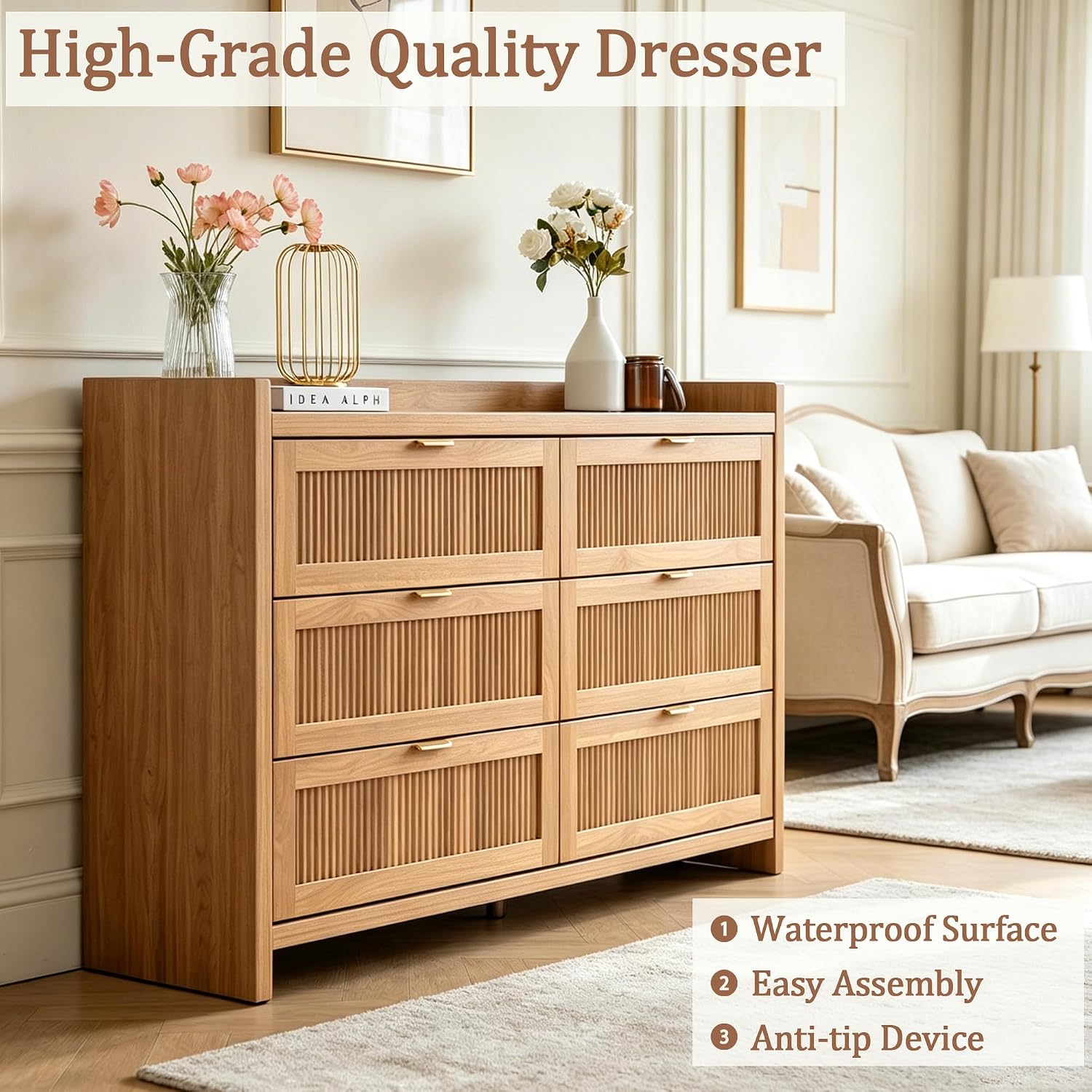 55" Farmhouse Fluted 6 Drawer Dresser