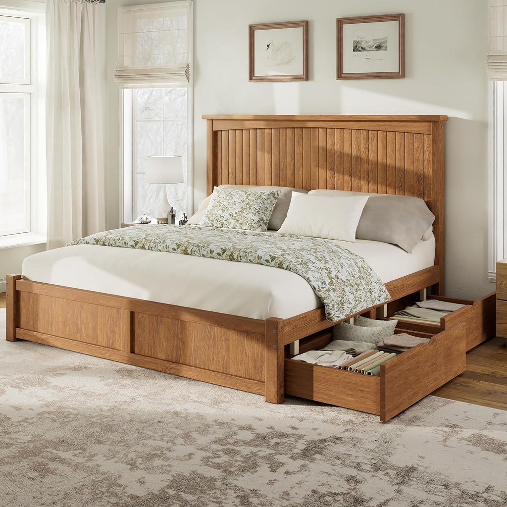 Brown King Solid Wood Storage Bed