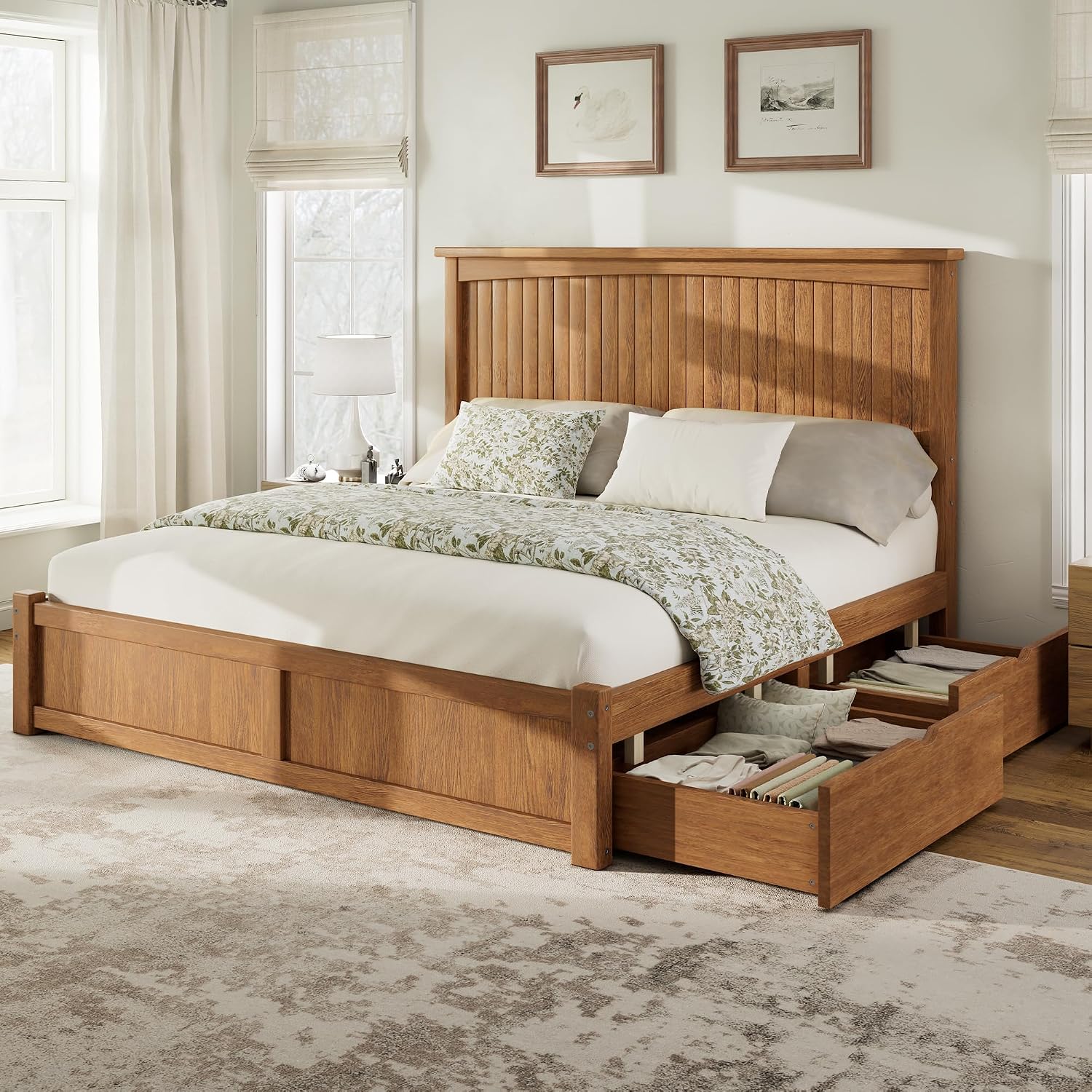 Brown King Solid Wood Storage Bed
