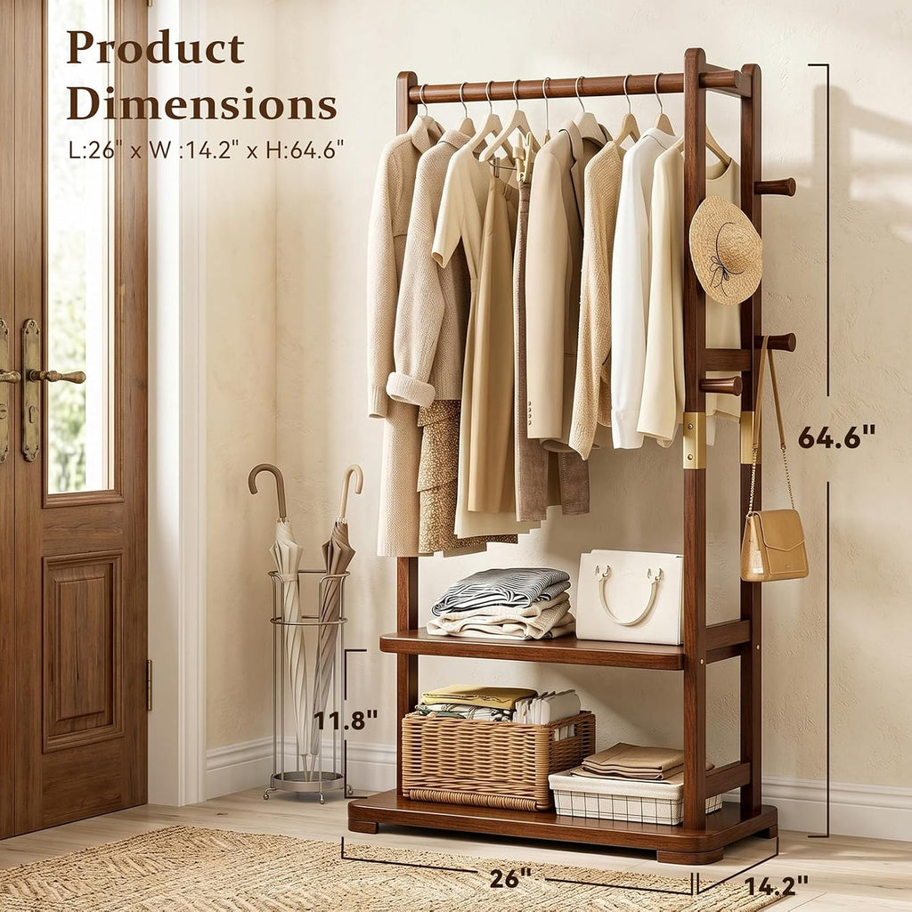 Solid Wood Garment Rack with 2 Shelves & 5 Hooks