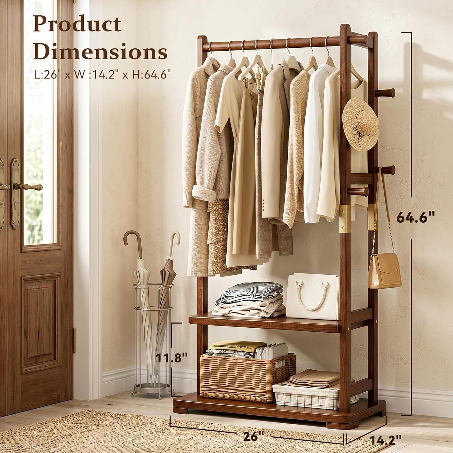 Solid Wood Garment Rack with 2 Shelves & 5 Hooks