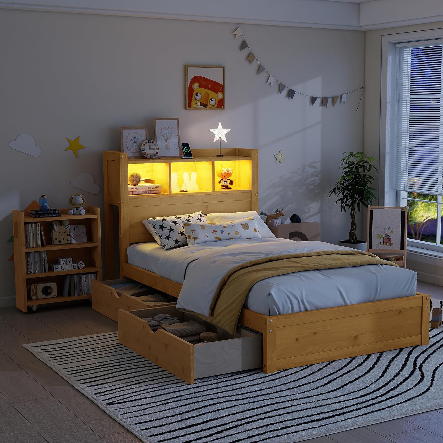 Natural Twin Bed with Storage Headboard & Drawers