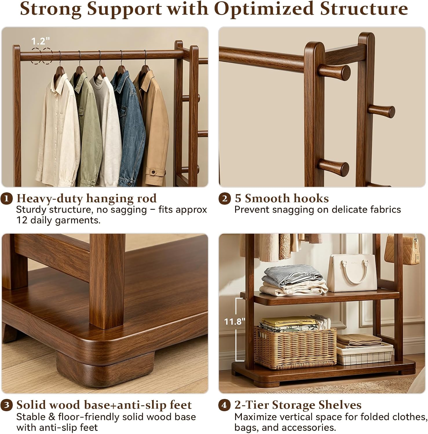 Solid Wood Garment Rack with 2 Shelves & 5 Hooks